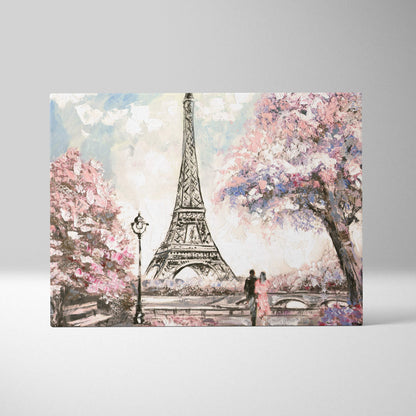 Rectangular canvas painting of eiffel tower with pink cherry blossoms and pastel skies in paris spring romance style