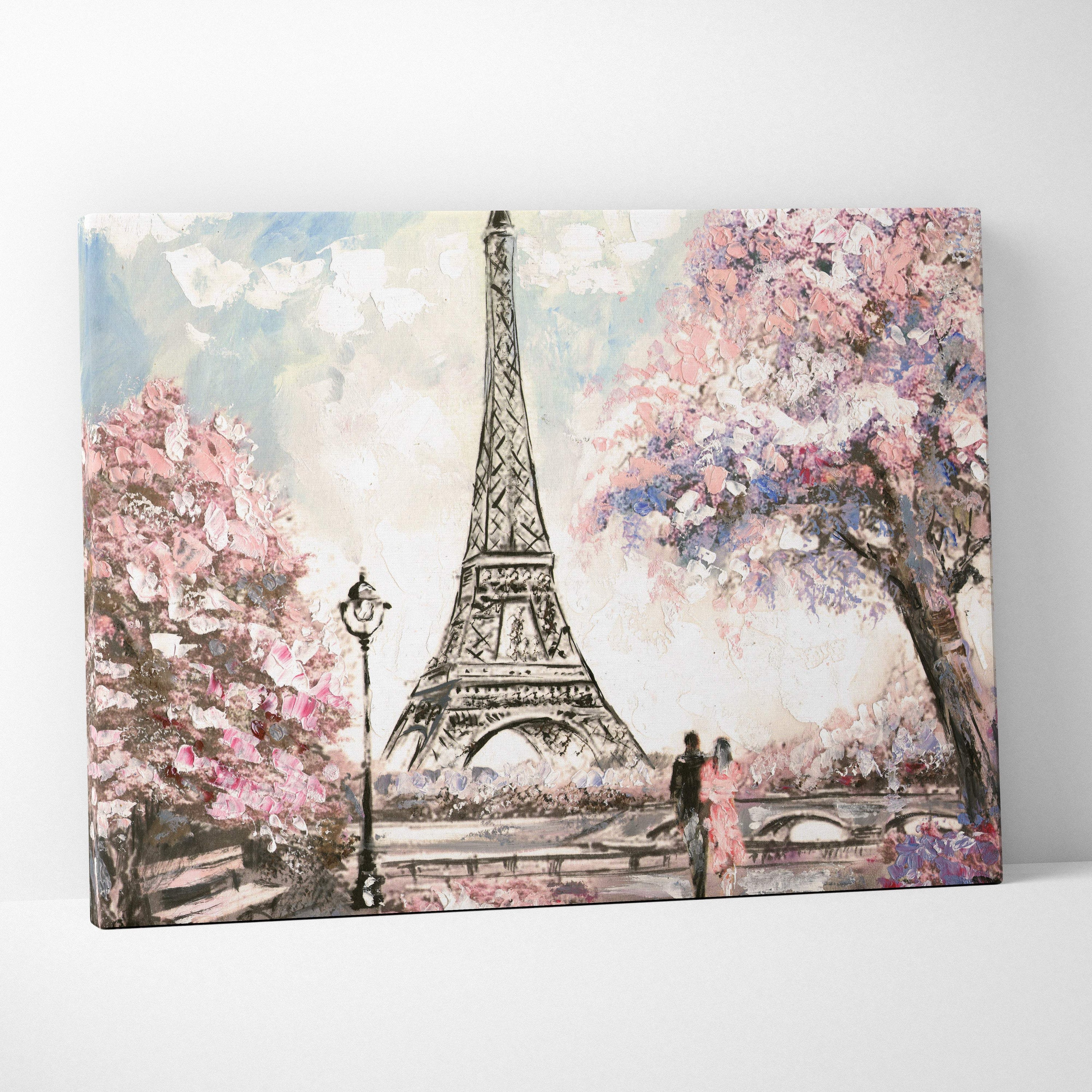Soft pastel canvas painting of the eiffel tower framed by pink cherry trees with a romantic couple walking beneath them