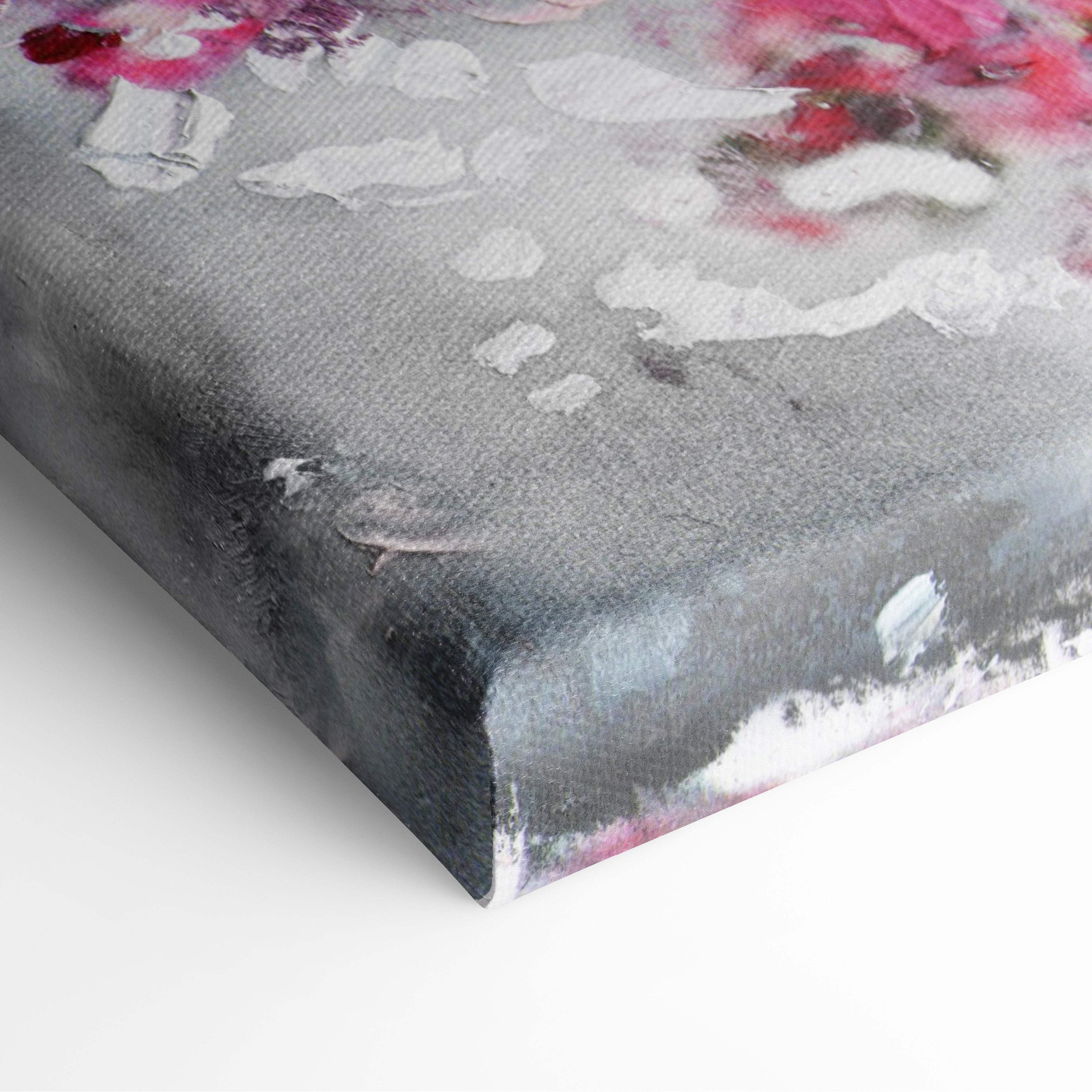 A textured canvas painting of a pink sakura tree with abstract floral elements and a serene monochrome landscape