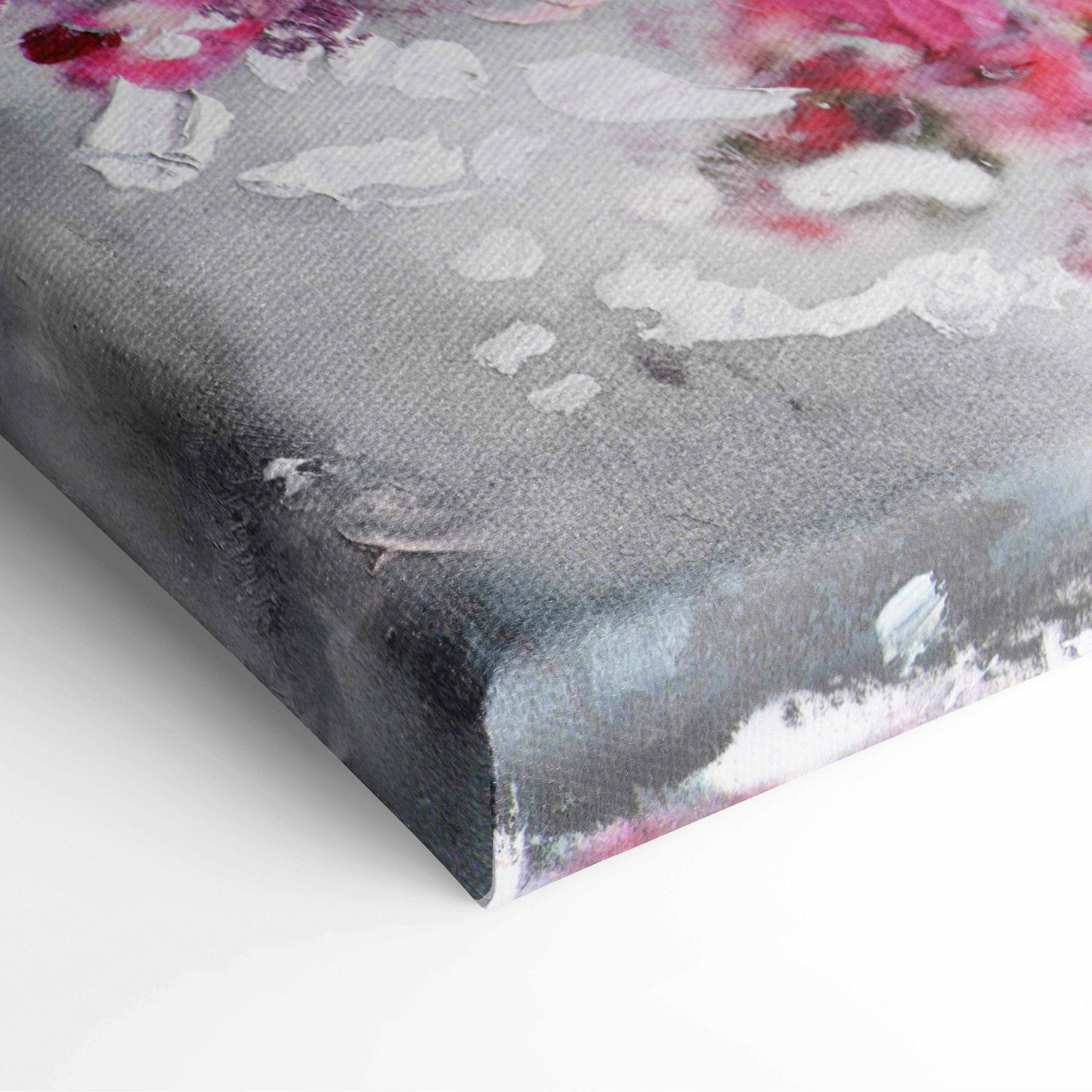 A textured canvas painting of a pink sakura tree with abstract floral elements and a serene monochrome landscape