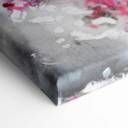 A textured canvas painting of a pink sakura tree with abstract floral elements and a serene monochrome landscape