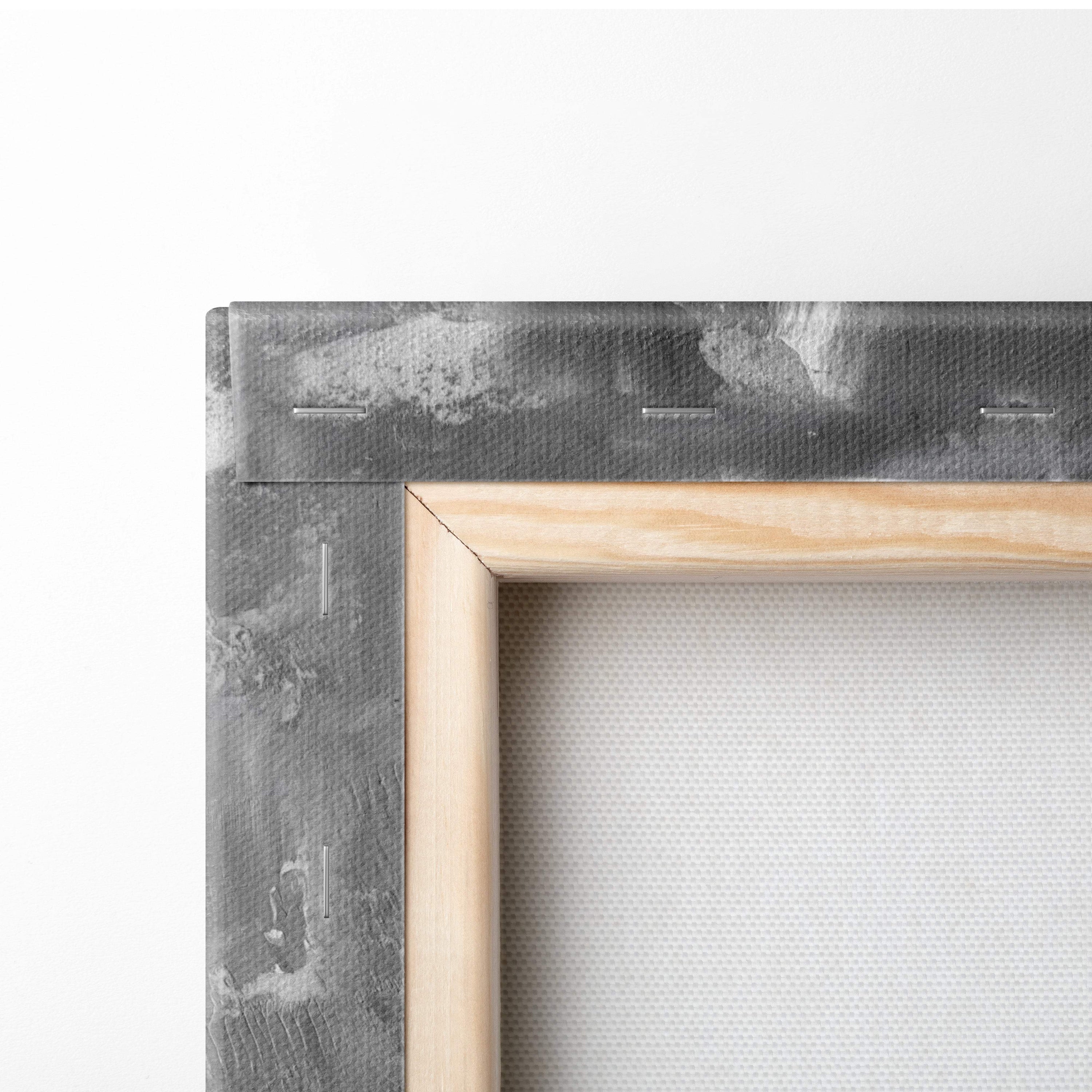Light-colored wooden canvas frame with gray textured backing of japanese cherry blossom mountain painting wall art