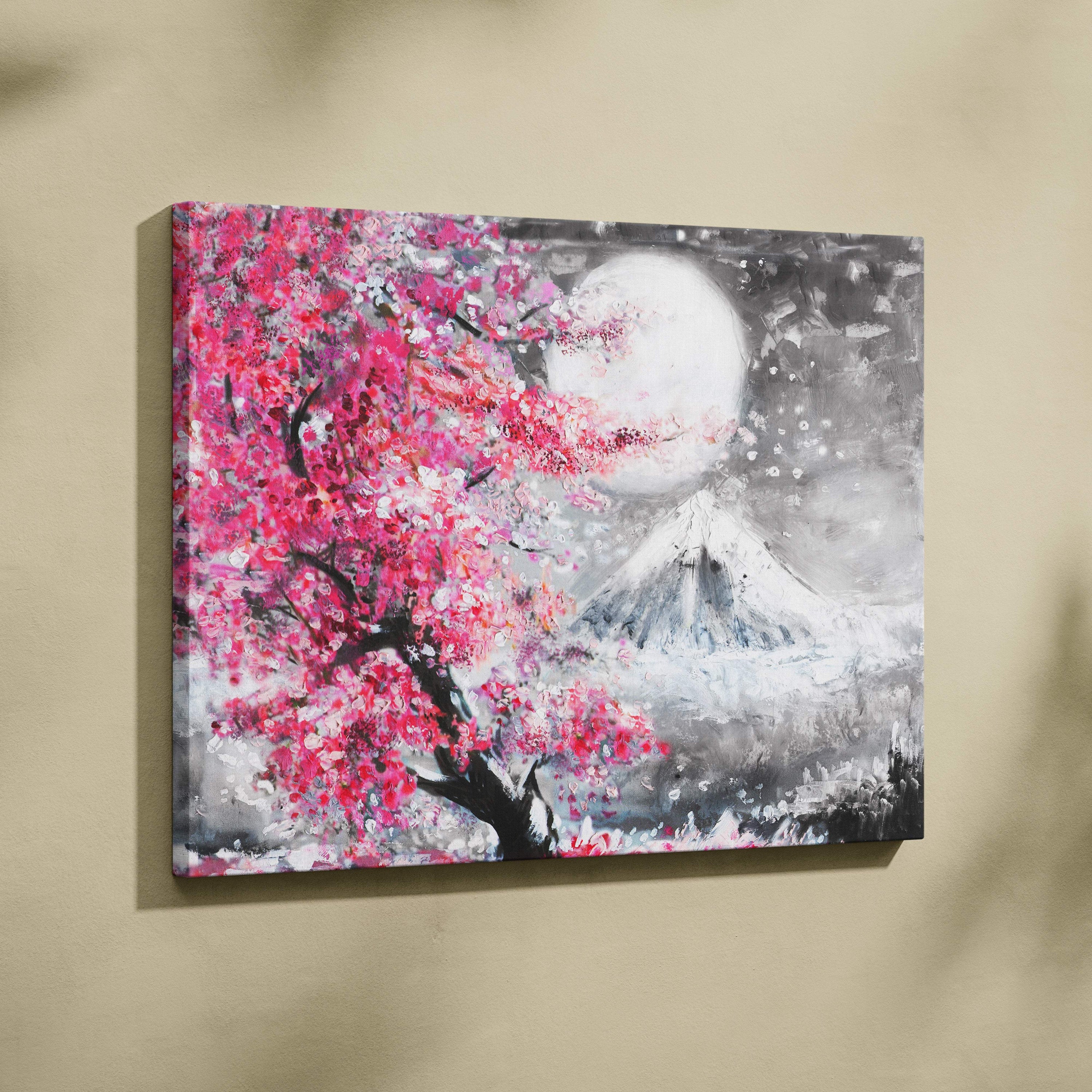 Japanese cherry blossom and mountain painting style wall art with vibrant pink sakura tree full moon on canvas print