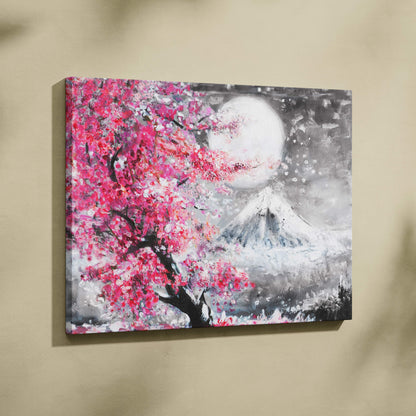 Japanese cherry blossom and mountain painting style wall art with vibrant pink sakura tree full moon on canvas print