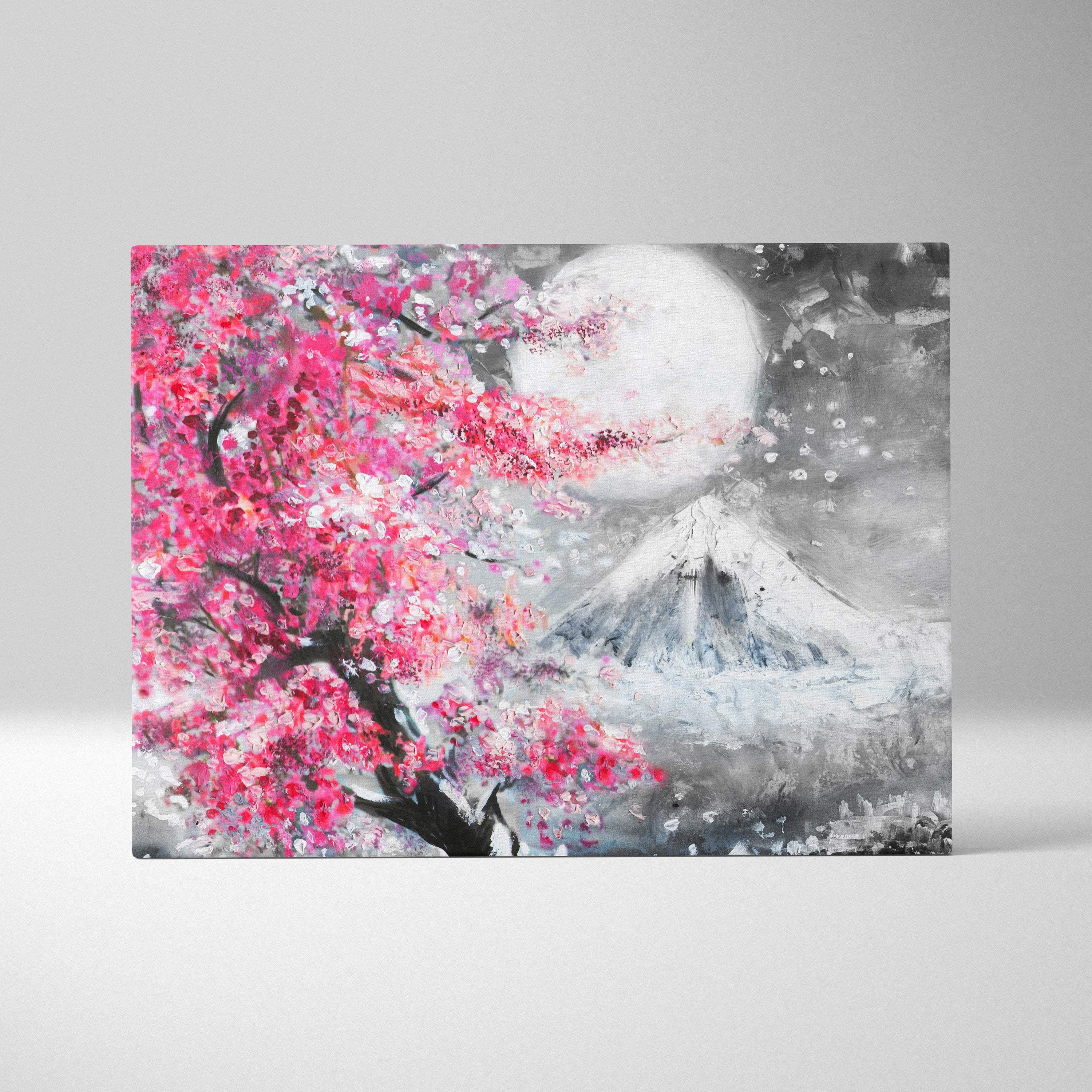 Vibrant pink cherry blossom tree canvas print with snow-capped mountain and full moon in serene grayscale tones