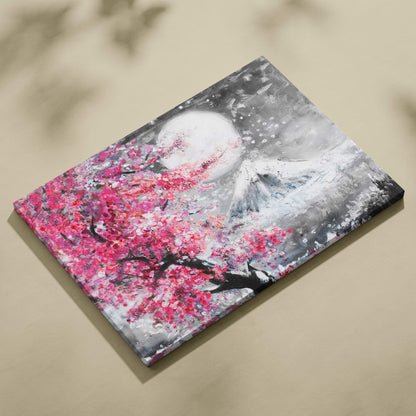 Rectangular canvas painting featuring vibrant pink cherry blossoms with a white moon and snow-capped mountain on gray background