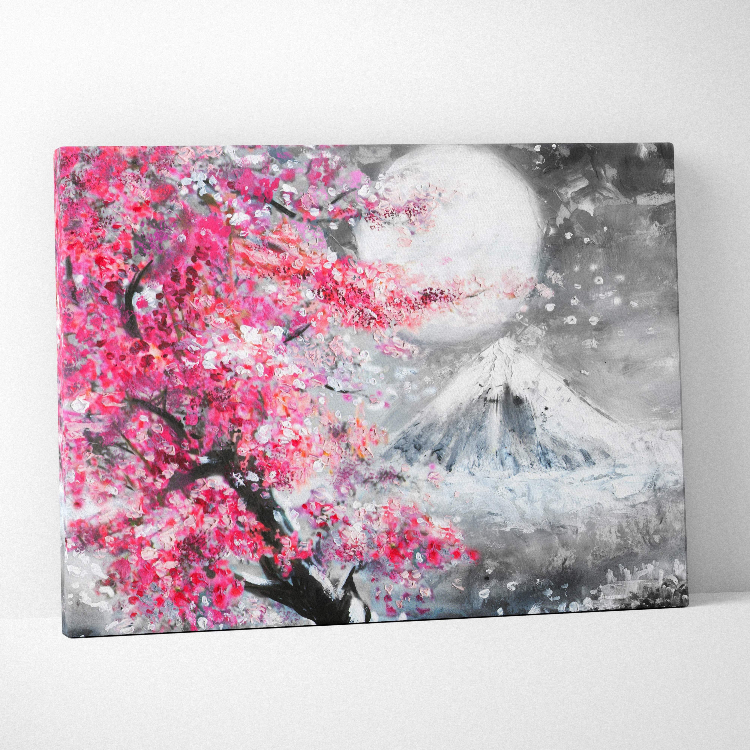Vibrant canvas print of a pink cherry blossom tree with mount fuji and full moon in monochrome landscape wall art