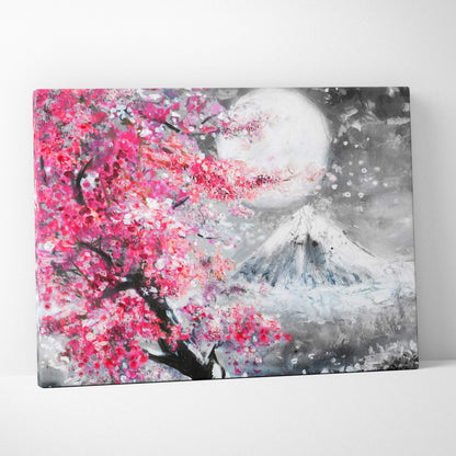Vibrant canvas print of a pink cherry blossom tree with mount fuji and full moon in monochrome landscape wall art