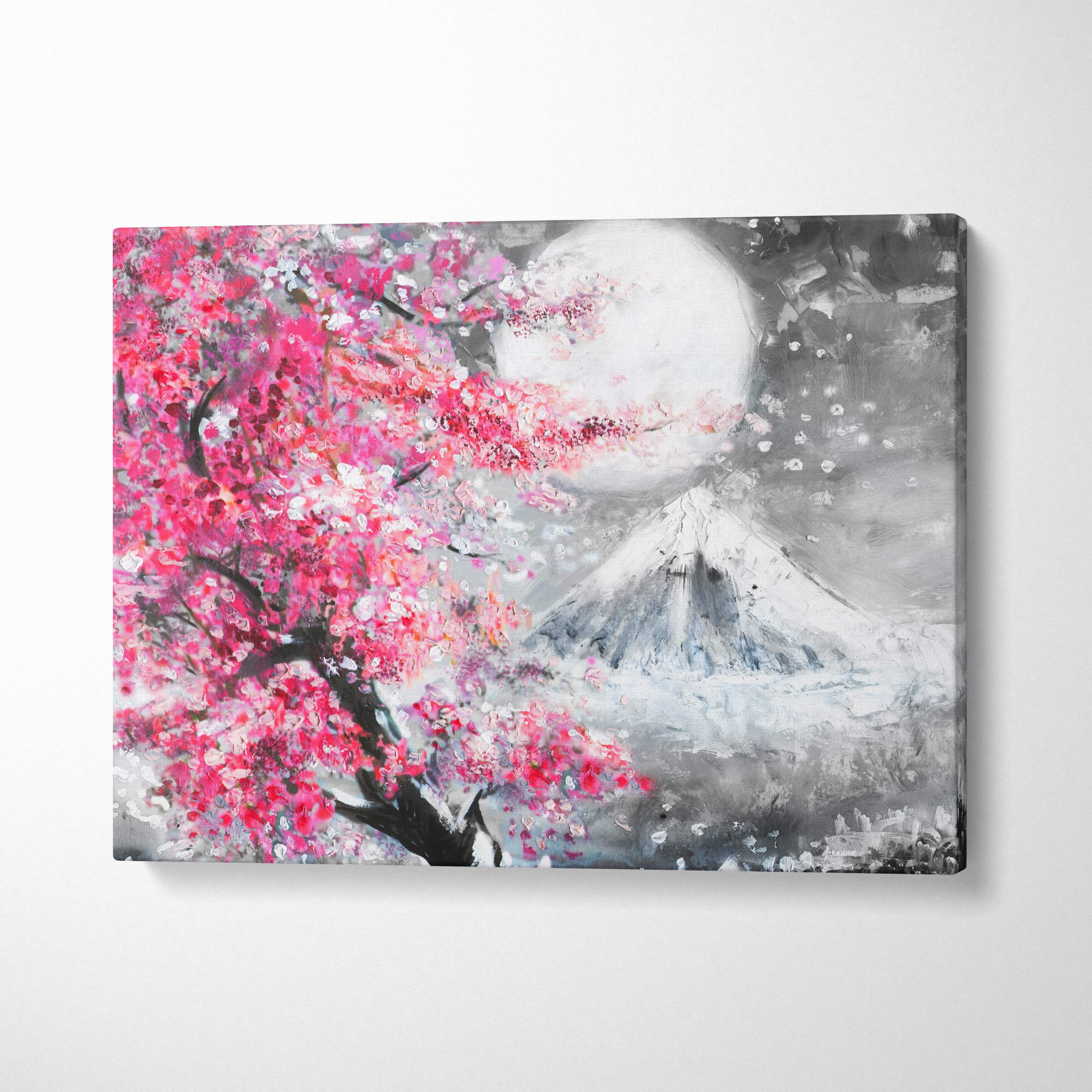 Japanese cherry blossom and mountain painting style wall art featuring a vibrant pink sakura tree full moon on textured canvas