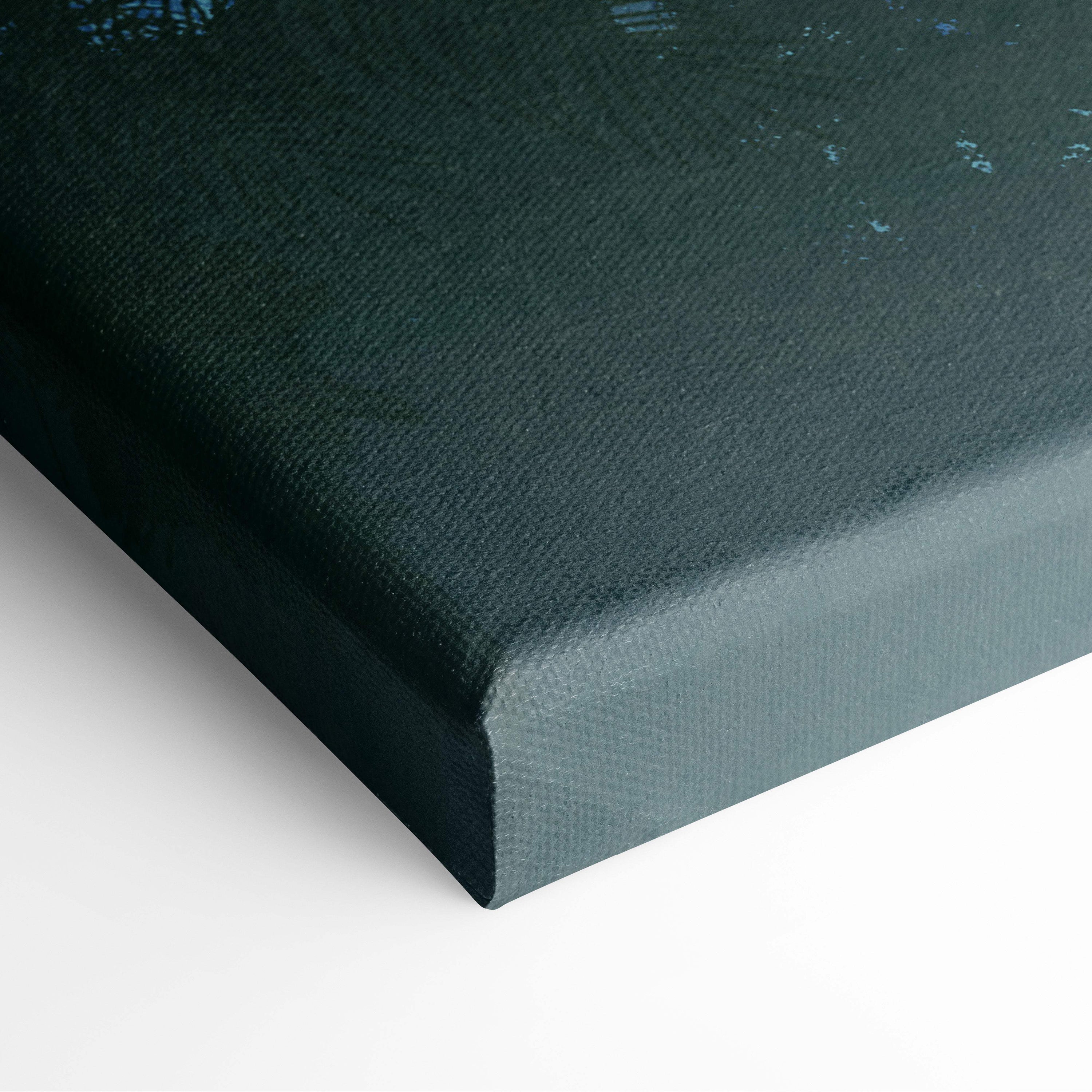 Dark green canvas with textured woven surface and raised edges for glowing blue waterfall canvas wall art print