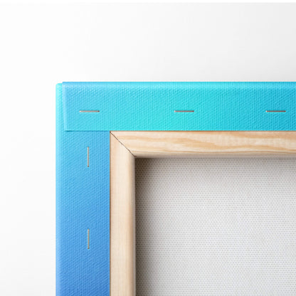 A turquoise canvas wall art print with wooden border and visible stitching for mystical jungle bird fantasy decor