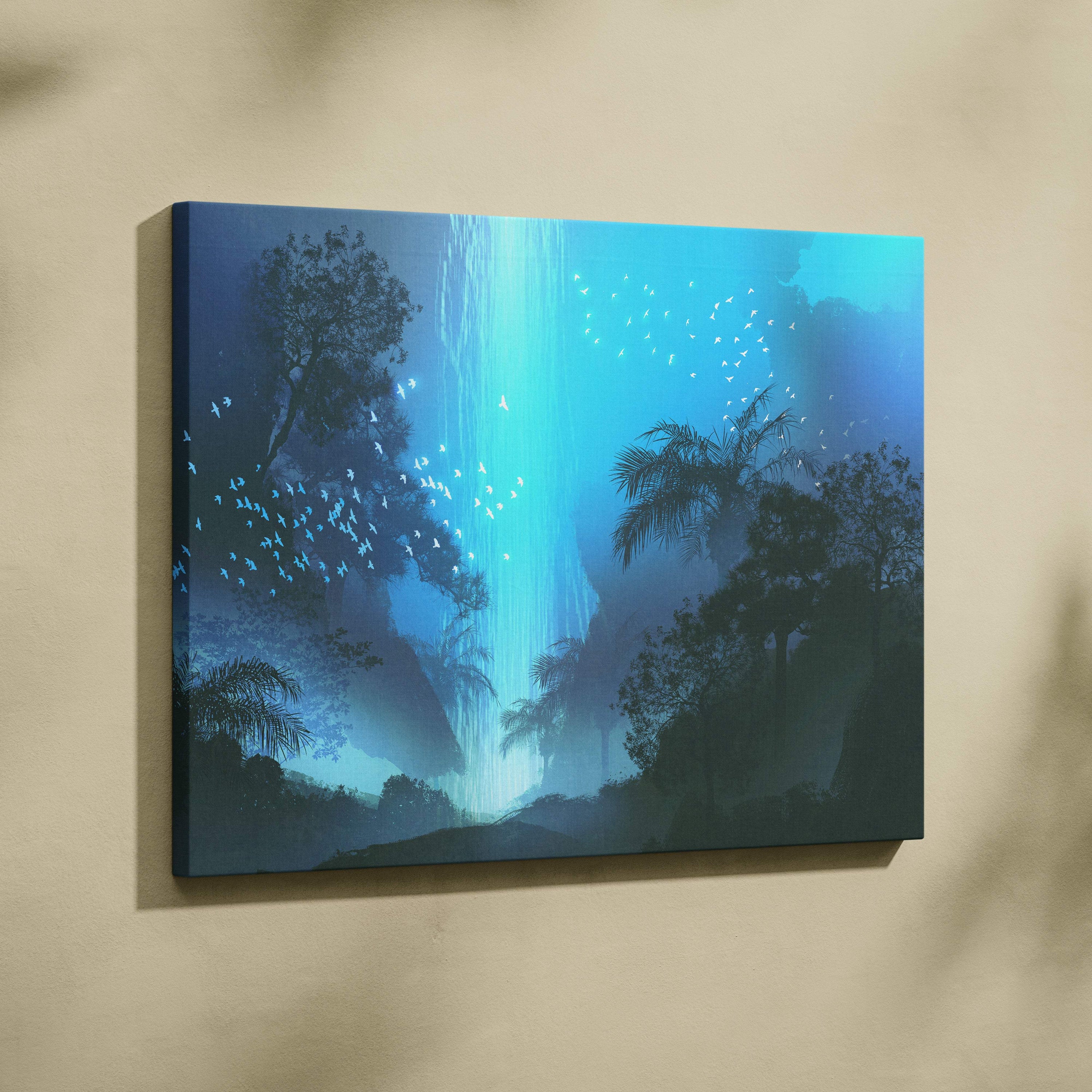Blue-toned canvas print of a glowing mystical waterfall with silhouetted trees and birds for dreamy nature decor