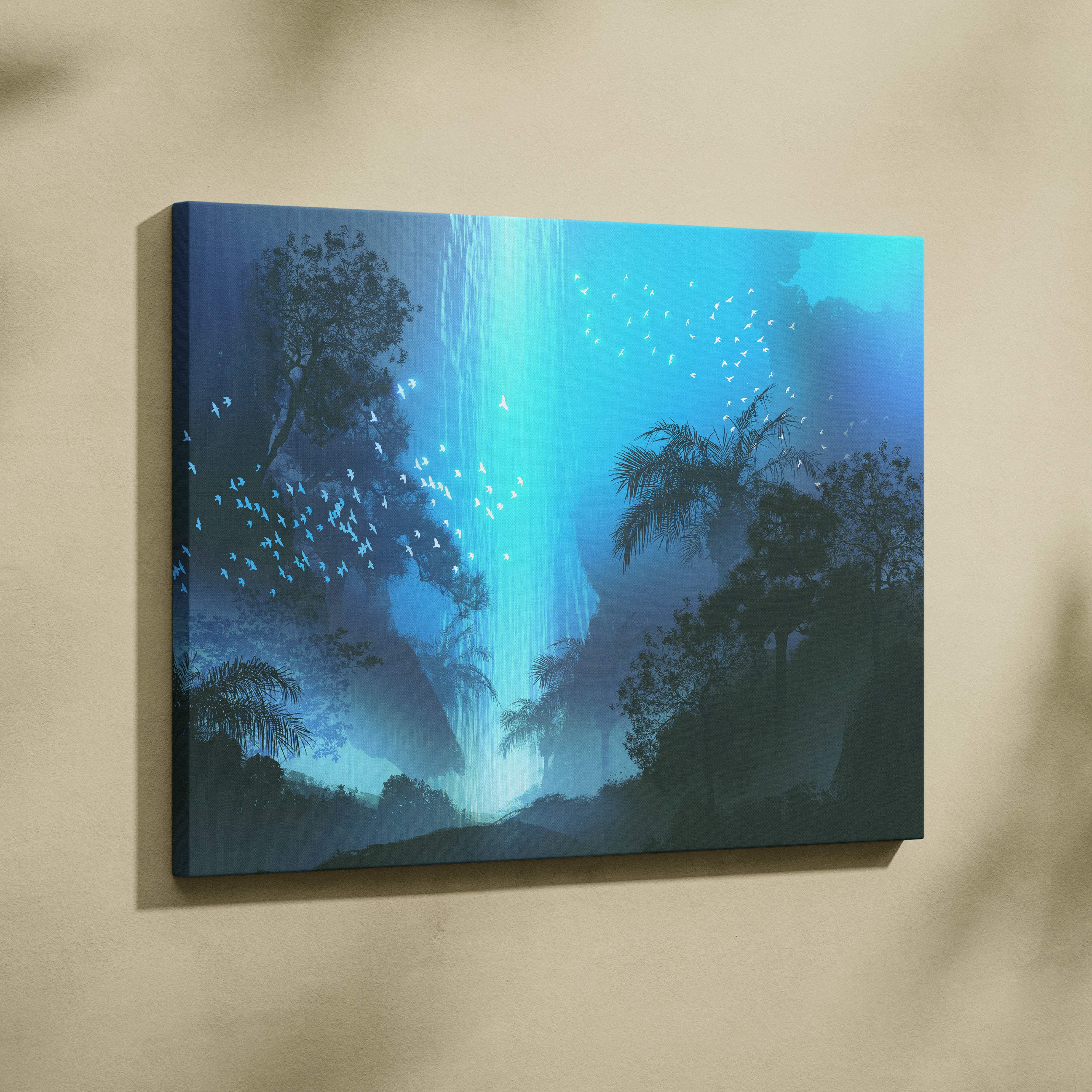 Blue-toned canvas print of a glowing mystical waterfall with silhouetted trees and birds for dreamy nature decor