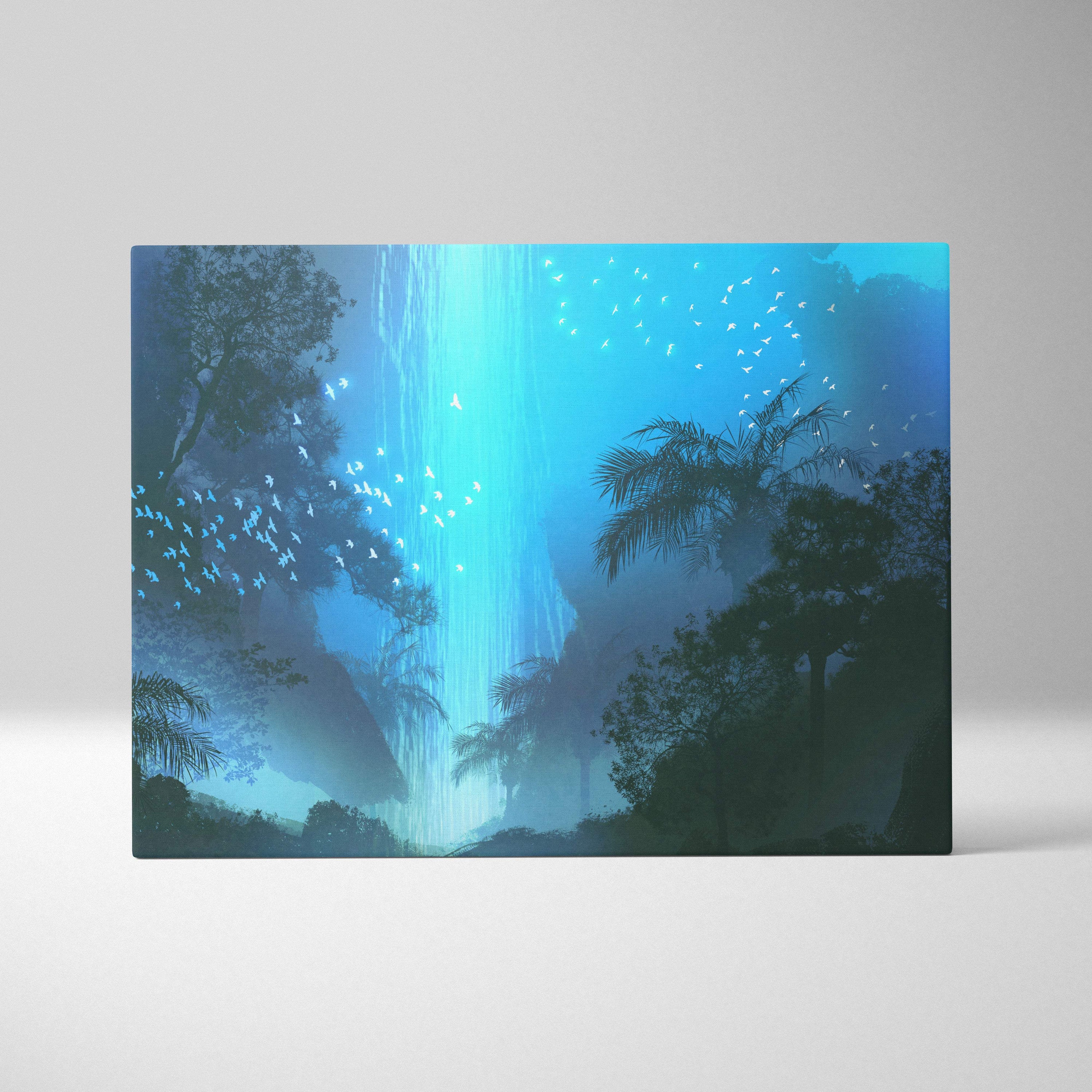 A rectangular canvas print of a glowing blue waterfall with silhouetted trees and birds for dreamy nature decor