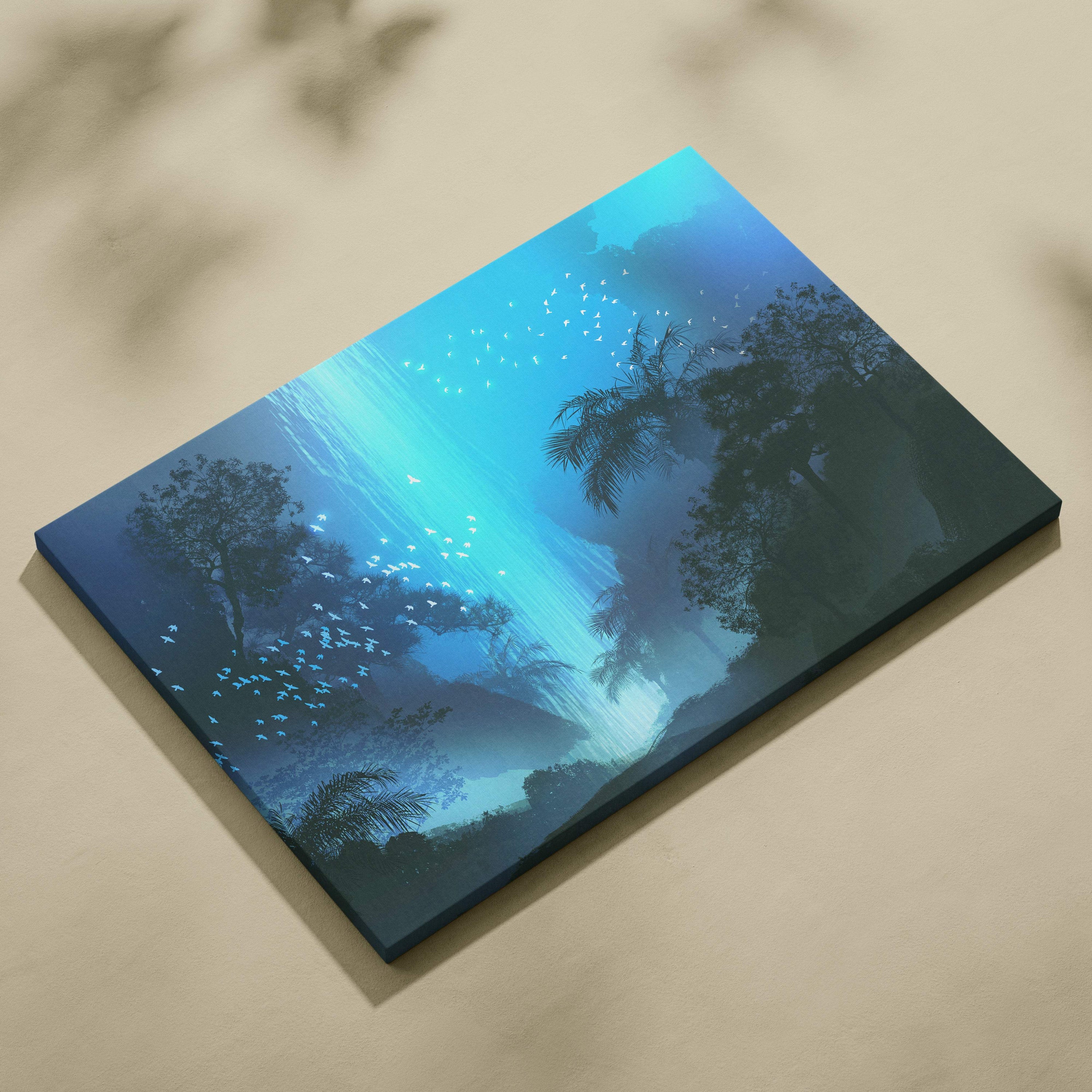 Glowing blue waterfall canvas wall art print featuring a mystical jungle scene with glowing birds and palm trees