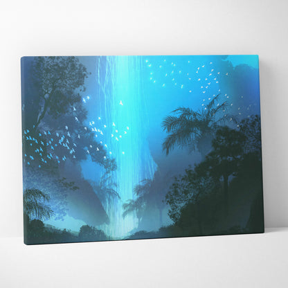 Blue canvas print of a glowing mystical waterfall with lush jungle foliage and flying birds for nature decor