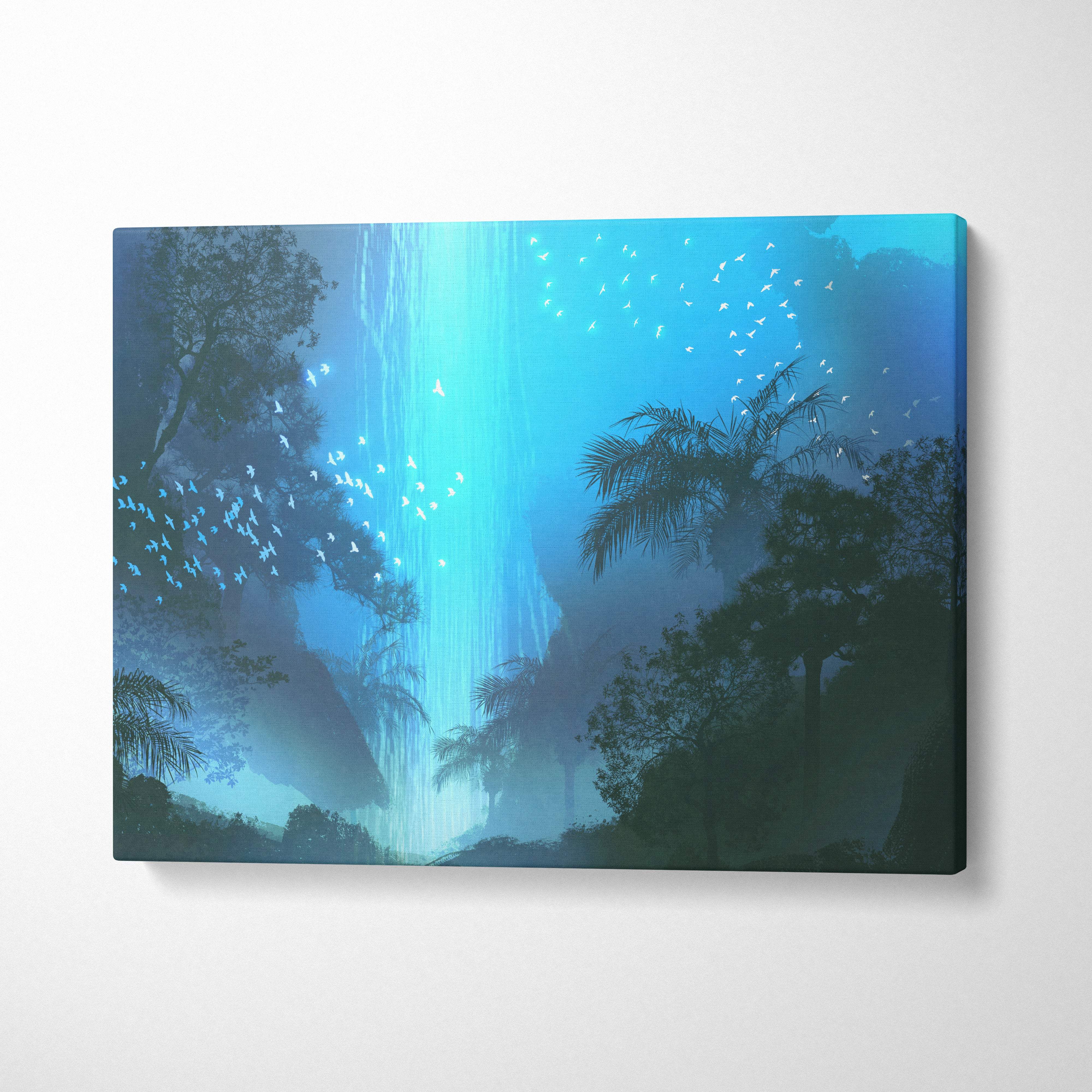 Glowing blue waterfall canvas wall art print featuring a mystical jungle waterfall with birds in lush foliage