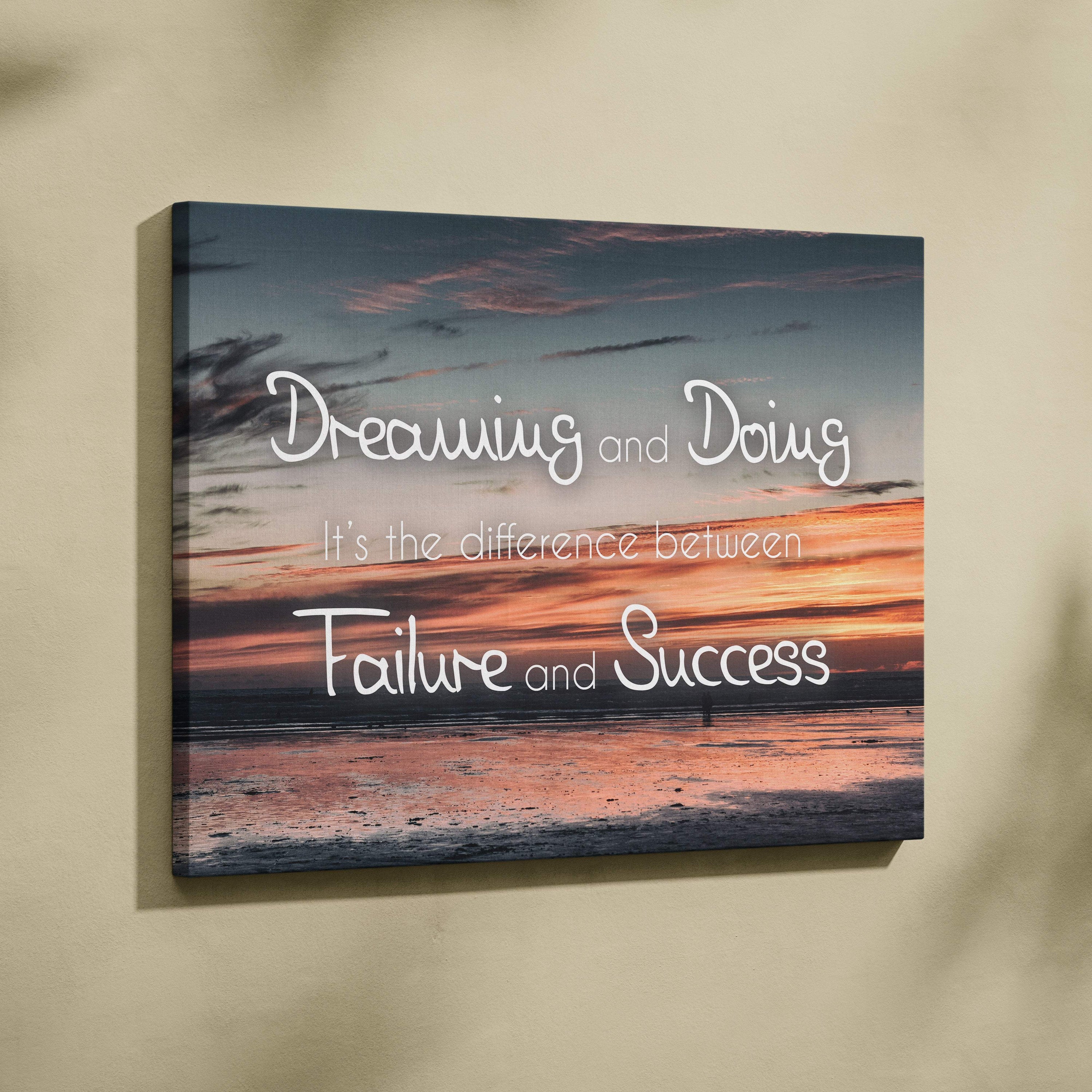 Motivational beach sunset canvas wall art with orange blue coastal photography and inspirational dreaming and doing quote