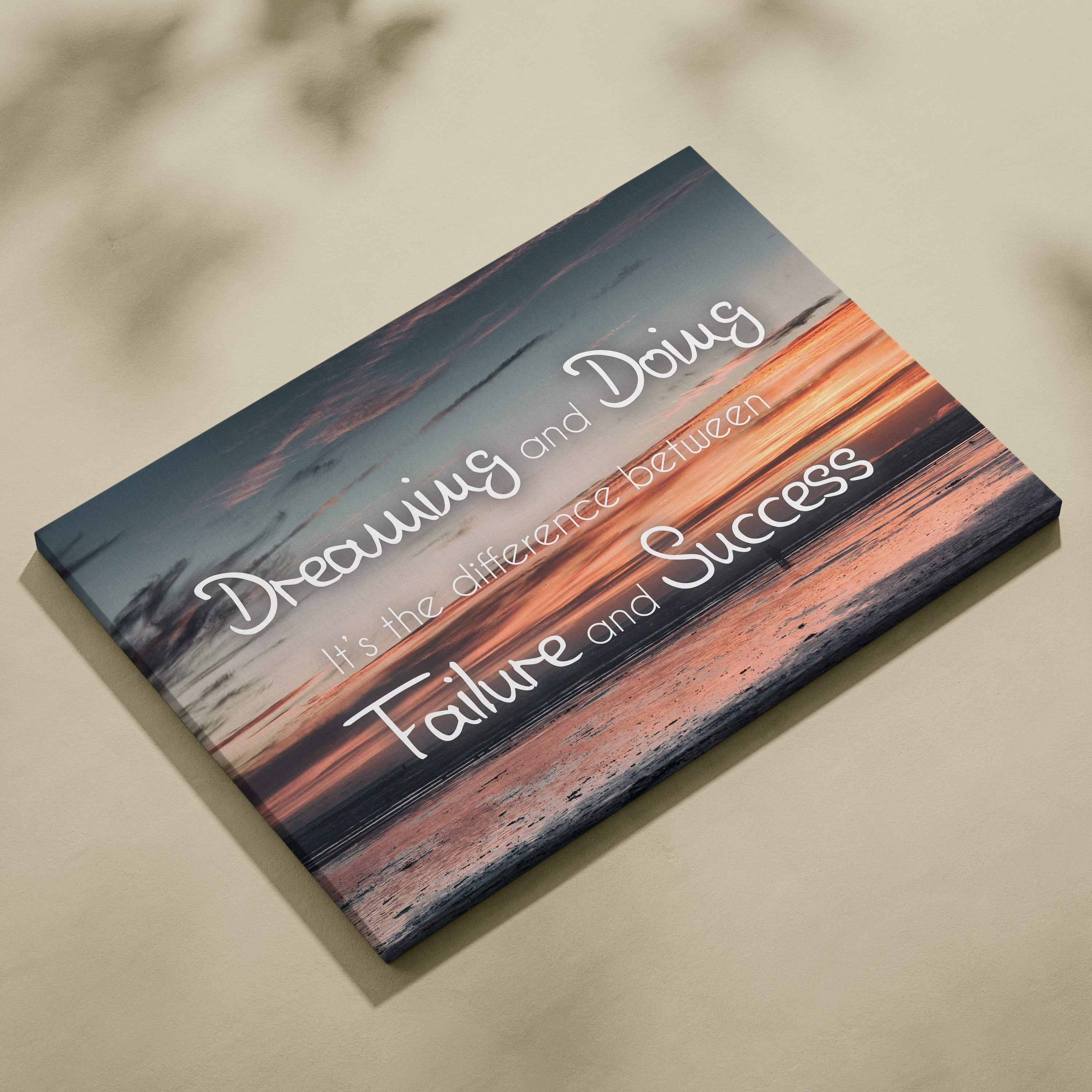 Rectangular canvas wall art with orange blue beach sunset and white cursive inspirational dreaming and doing quote
