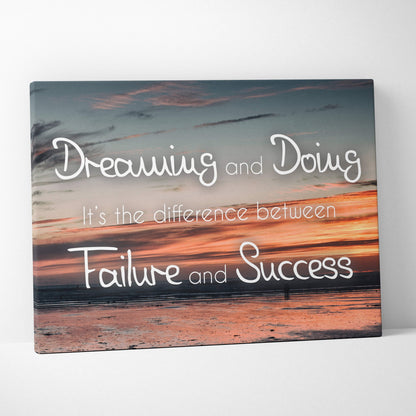Motivational beach sunset canvas wall art with orange blue coastal photography and inspirational dreaming and doing quote in white cursive