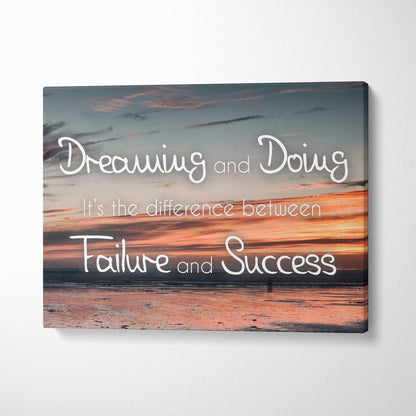 Rectangular canvas wall art with orange and blue beach sunset and white cursive dreaming and doing quote