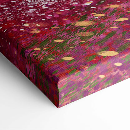 Dreamlike pink sunset landscape canvas print with vibrant magenta purple green textured hues and golden circular accents