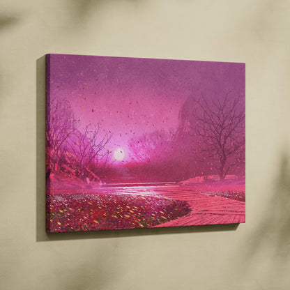 Vibrant pink canvas wall art featuring a surreal sunset landscape with misty trees falling petals and serene pathway