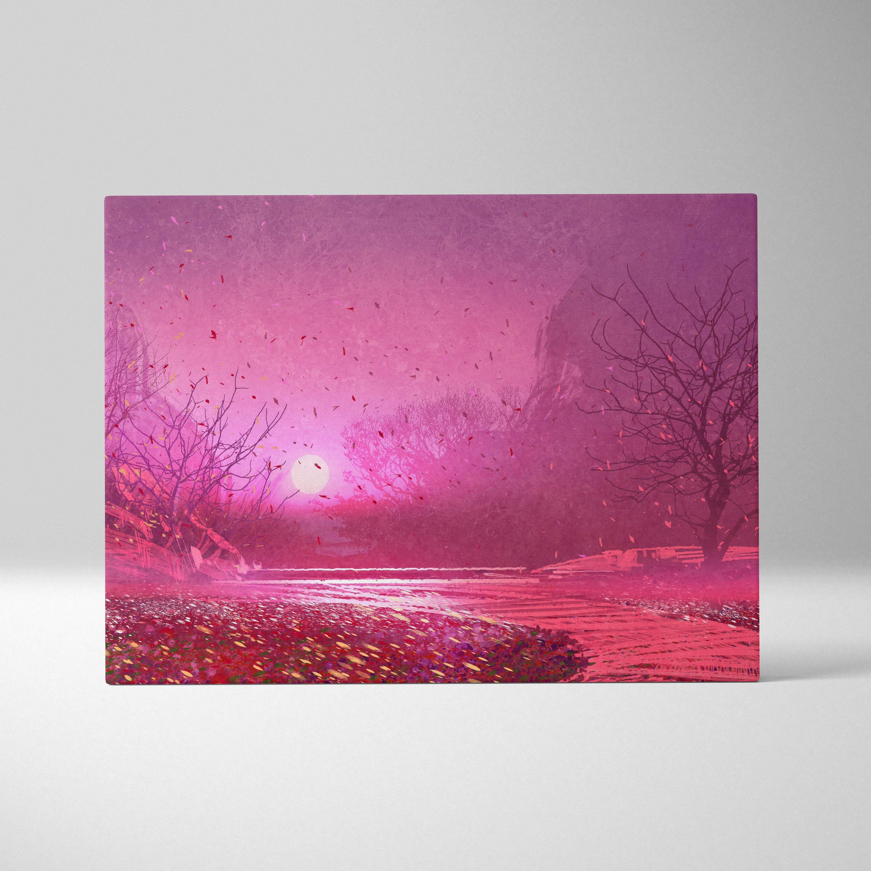 Rectangular canvas print of a dreamlike pink sunset landscape with misty trees and falling leaves in vibrant hues