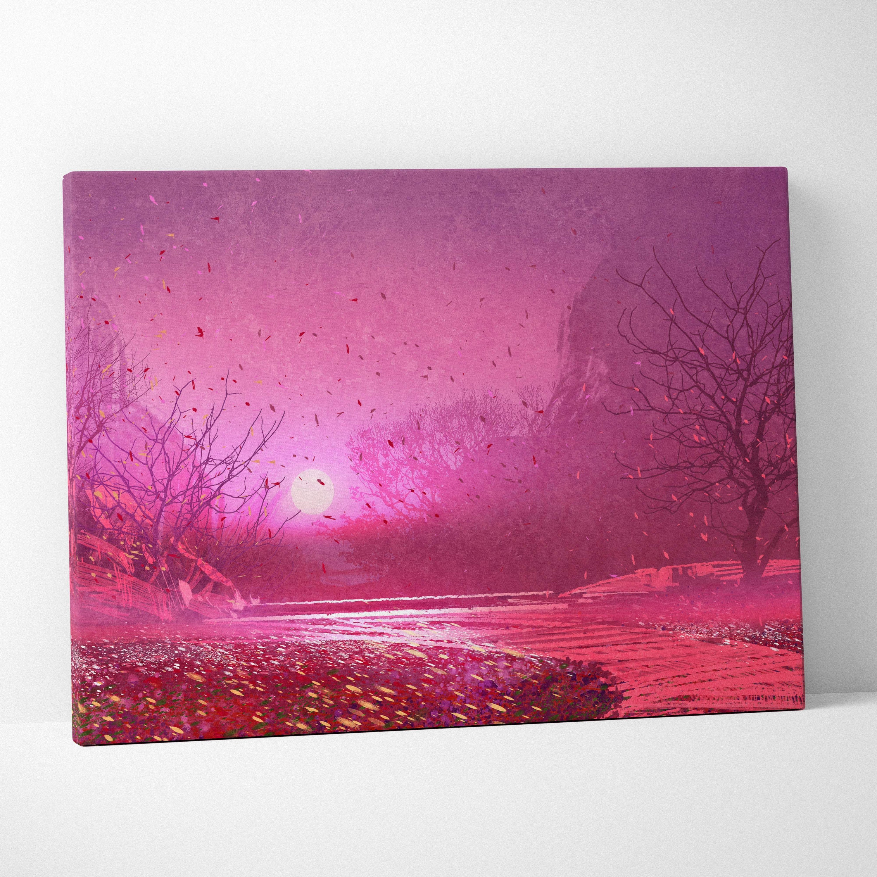Vibrant pink canvas print of a dreamlike landscape with bare trees falling petals and glowing moon wall art