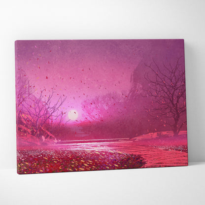 Vibrant pink canvas print of a dreamlike landscape with bare trees falling petals and glowing moon wall art