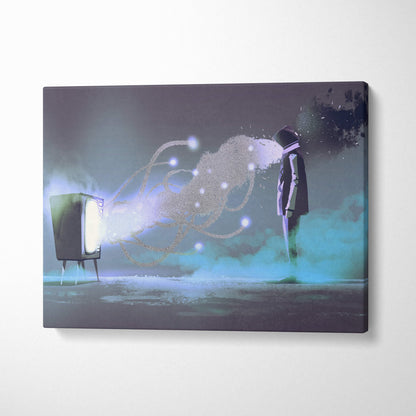Surreal abstract mind control canvas wall art featuring a retro tv emitting glowing particles toward a dark human figure
