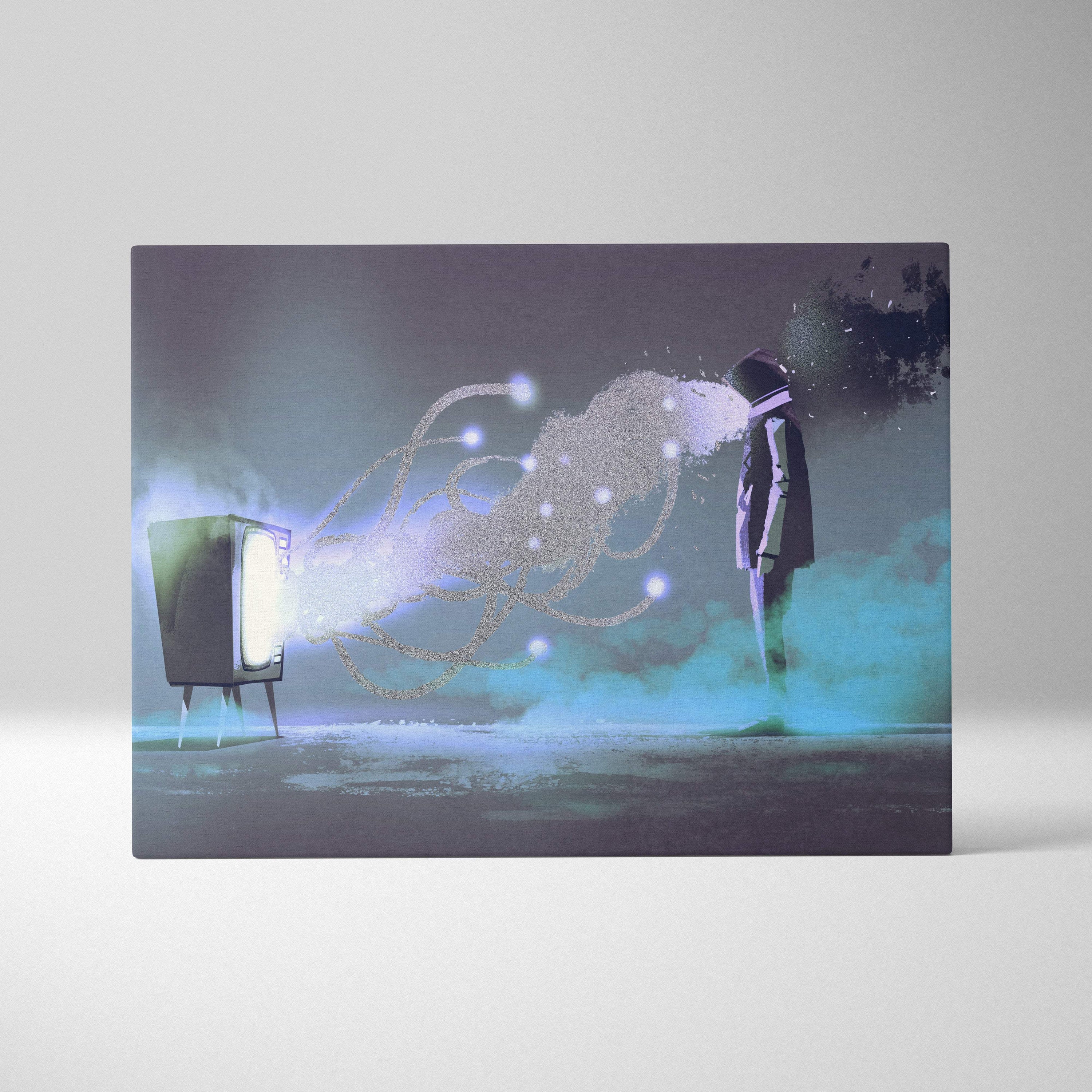 Surreal abstract mind control canvas wall art showing a retro tv emitting glowing particles toward a dark human figure