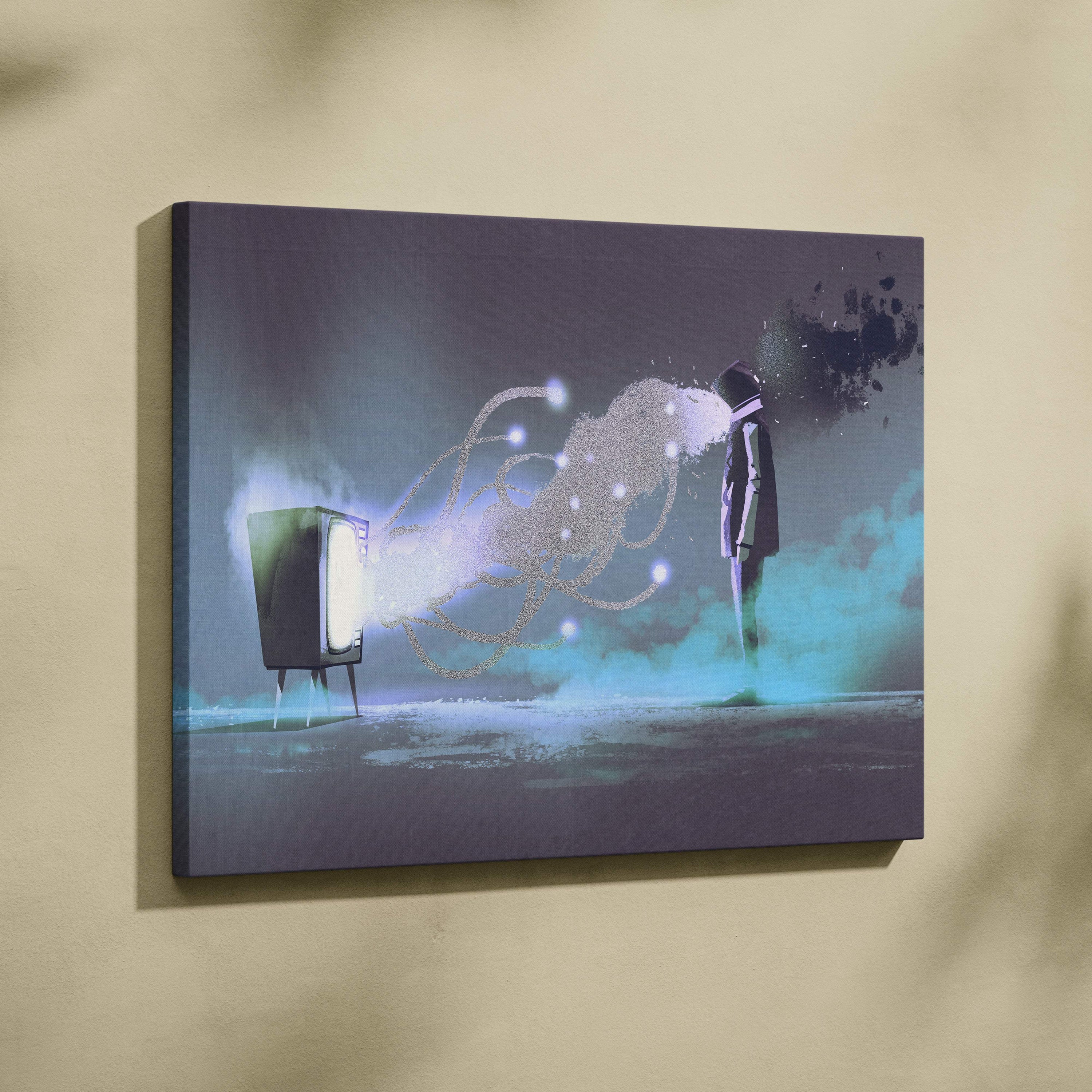 A rectangular canvas print of surreal abstract mind control with a retro tv, human silhouette, and glowing digital energy on blue and purple backdrop