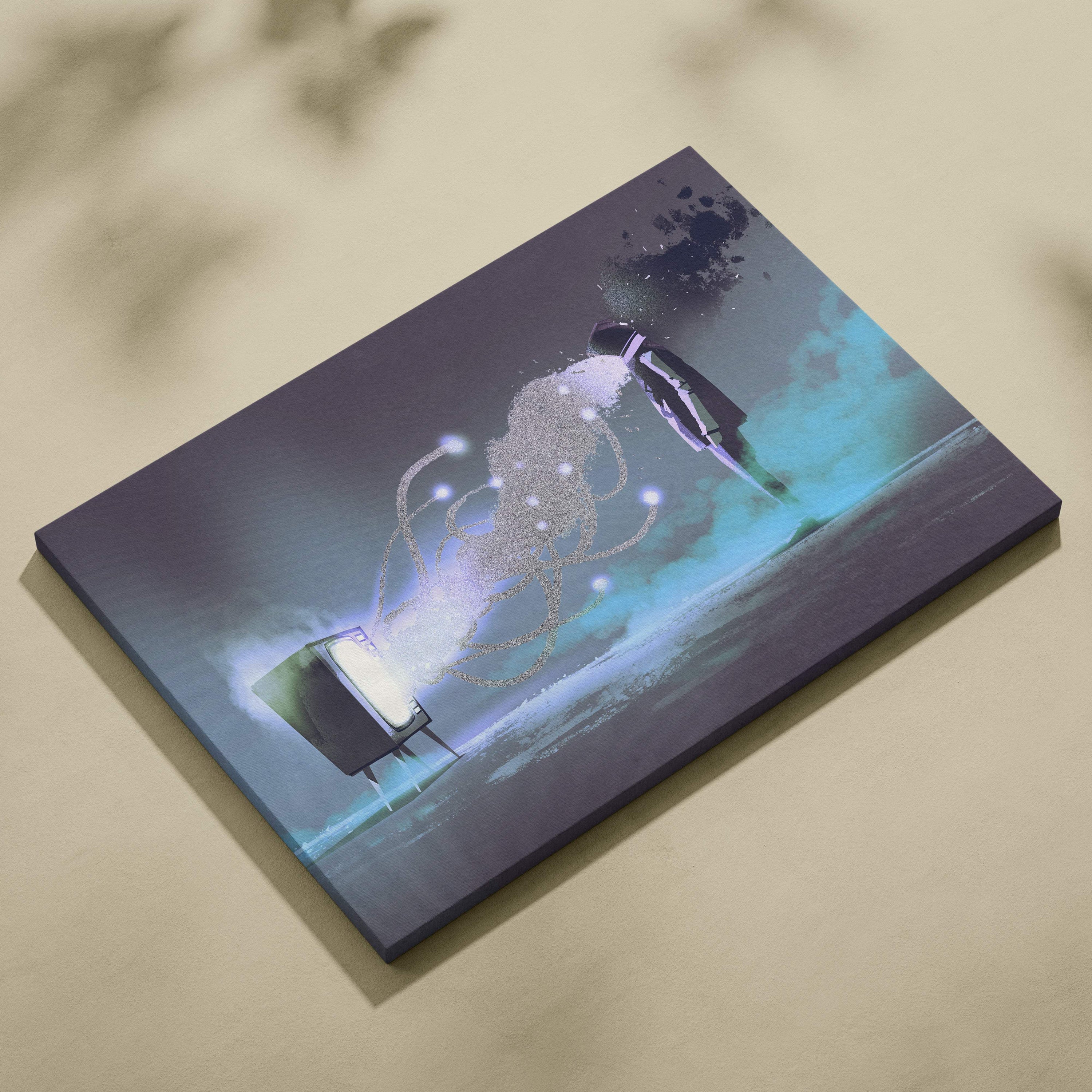 A rectangular canvas print with a glowing abstract figure emerging from a retro TV on dark blue teal backdrop