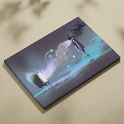 A rectangular canvas print with a glowing abstract figure emerging from a retro TV on dark blue teal backdrop