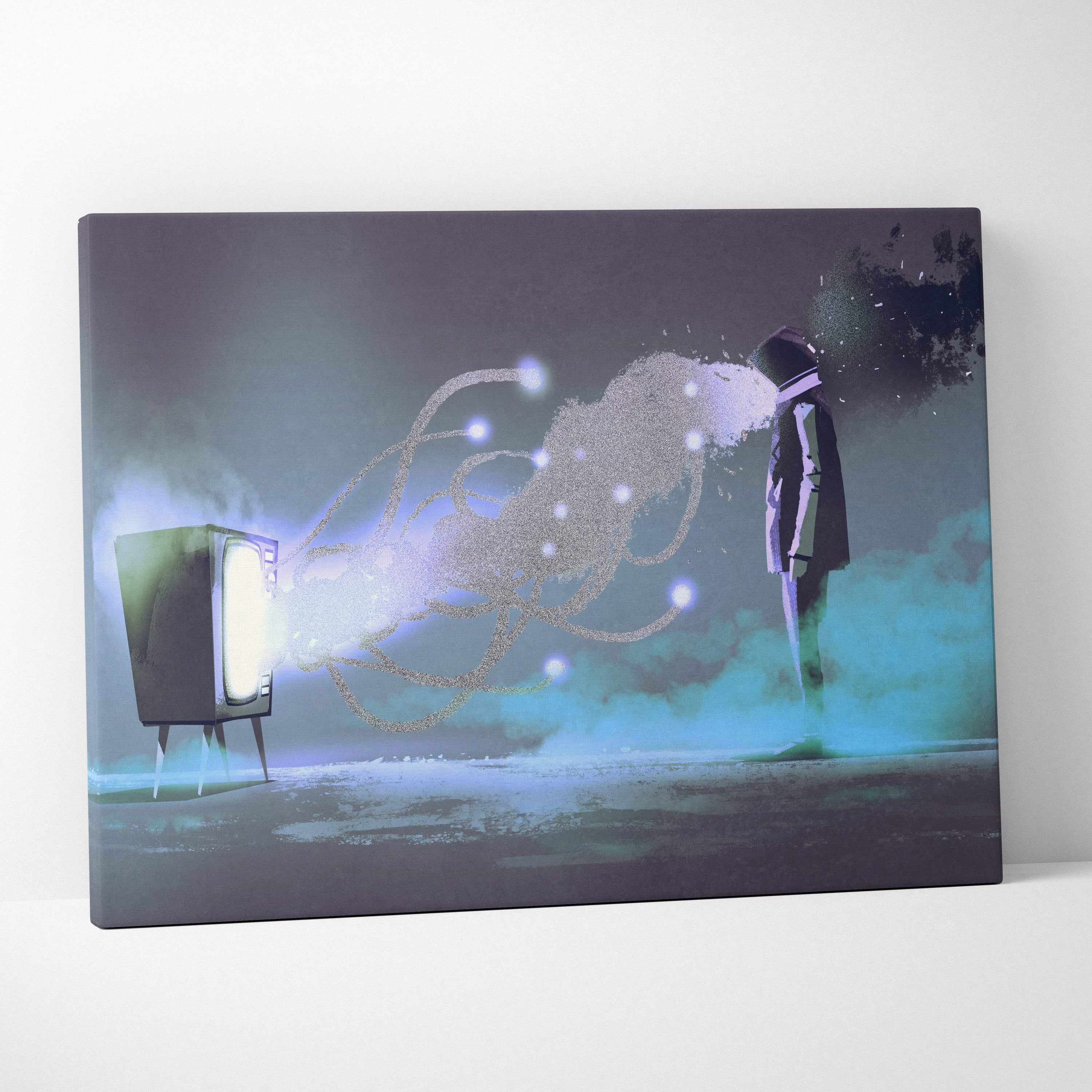 Surreal abstract mind control canvas wall art with retro tv emitting glowing tendrils toward silhouetted figure in blue-gray tones