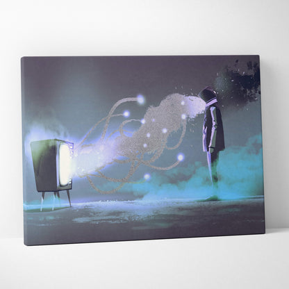Surreal abstract mind control canvas wall art with retro tv emitting glowing tendrils toward silhouetted figure in blue-gray tones