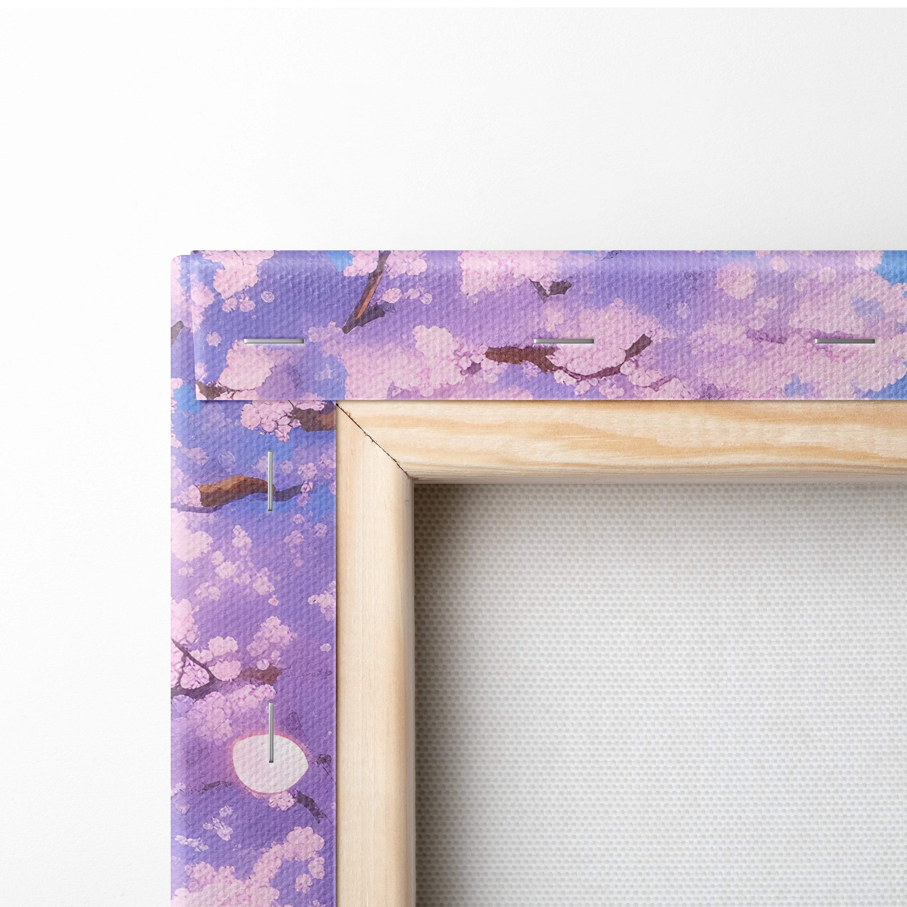 A wooden frame with a purple and pink cherry blossom canvas for pink cherry blossom torii gate anime wall art