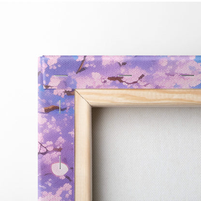 A wooden frame with a purple and pink cherry blossom canvas for pink cherry blossom torii gate anime wall art