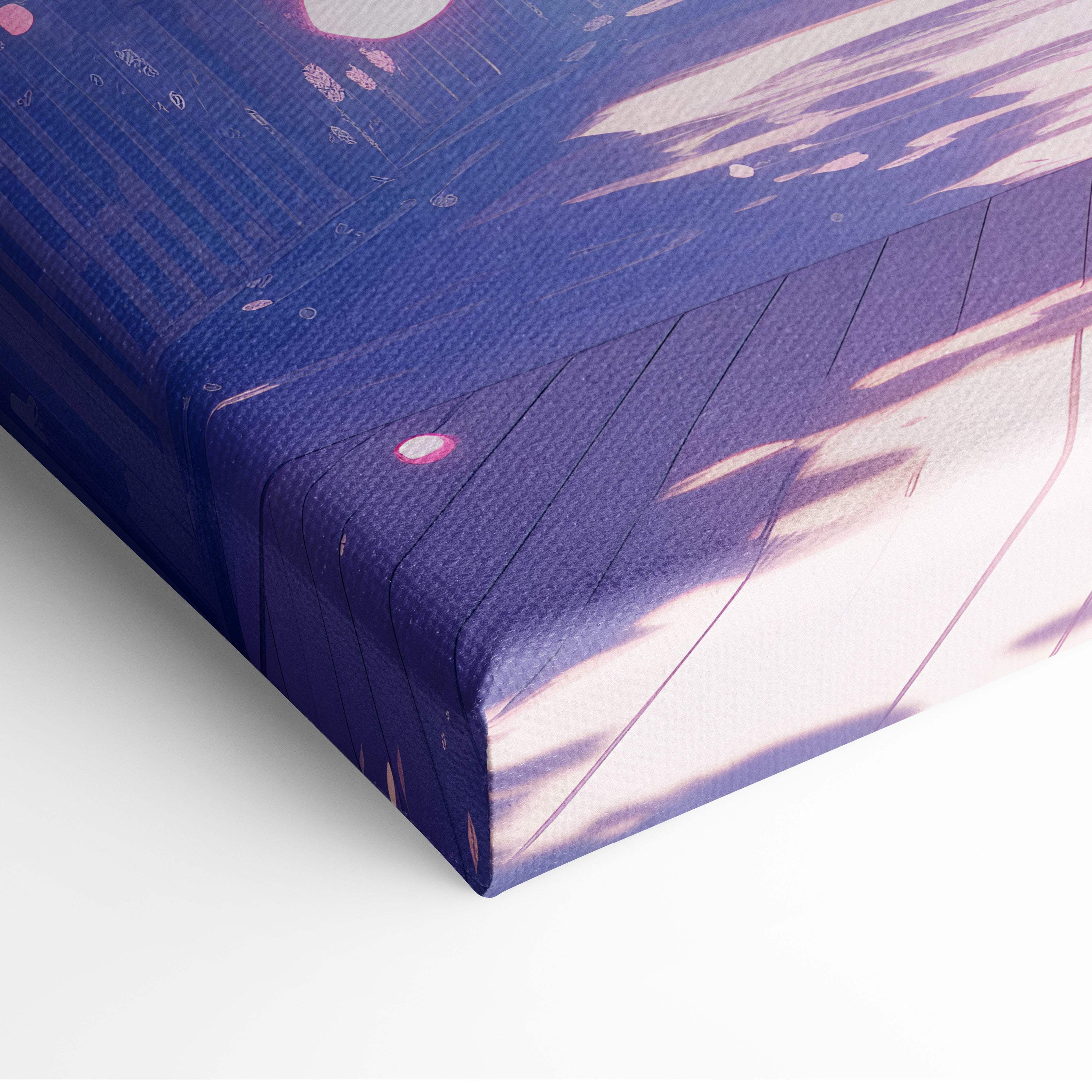 A stretched canvas print of a pink cherry blossom torii gate with stylized cosmic purples and soft pastel anime style