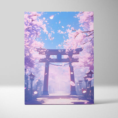 Rectangular canvas print of a stylized pink cherry blossom torii gate under a soft blue sky in pastel anime style