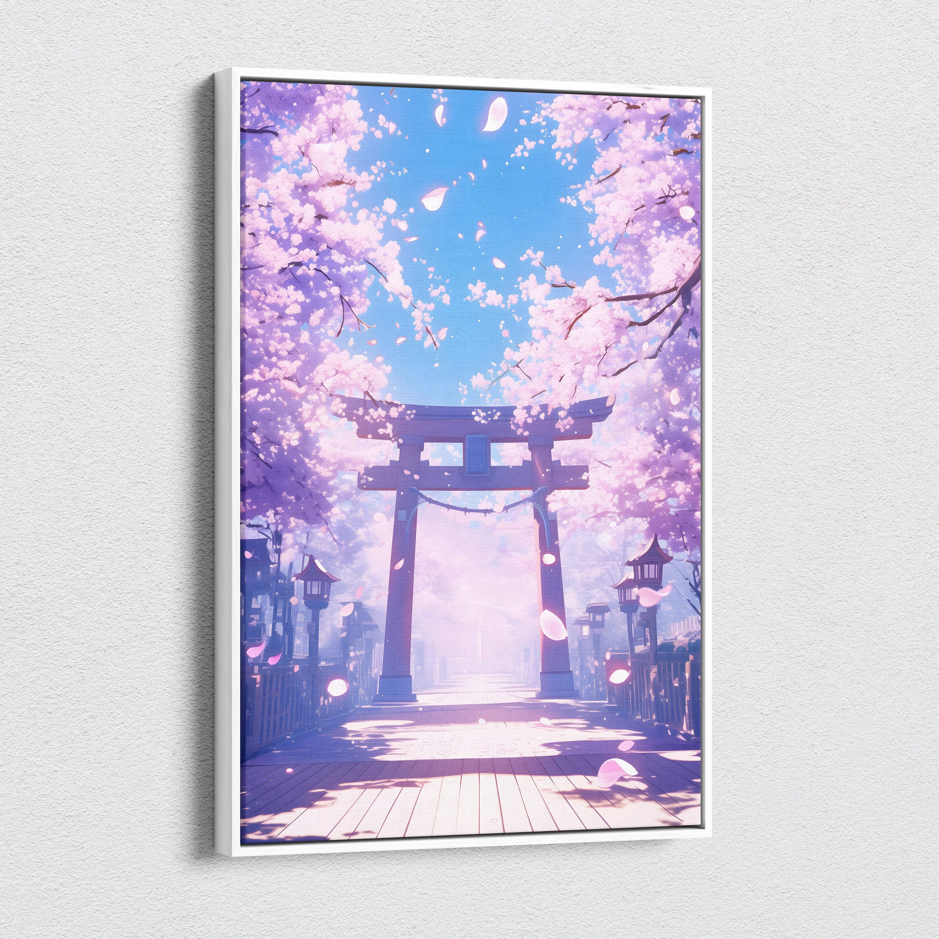 A framed canvas print of a pink cherry blossom torii gate path with falling petals in soft pastel anime style