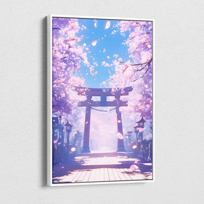 A framed canvas print of a pink cherry blossom torii gate path with falling petals in soft pastel anime style