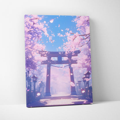 Rectangular canvas wall art of a pink cherry blossom torii gate with falling petals in soft pastel anime style