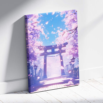 Pink cherry blossom torii gate canvas wall art featuring vibrant purple and pink flowers with a bright blue sky