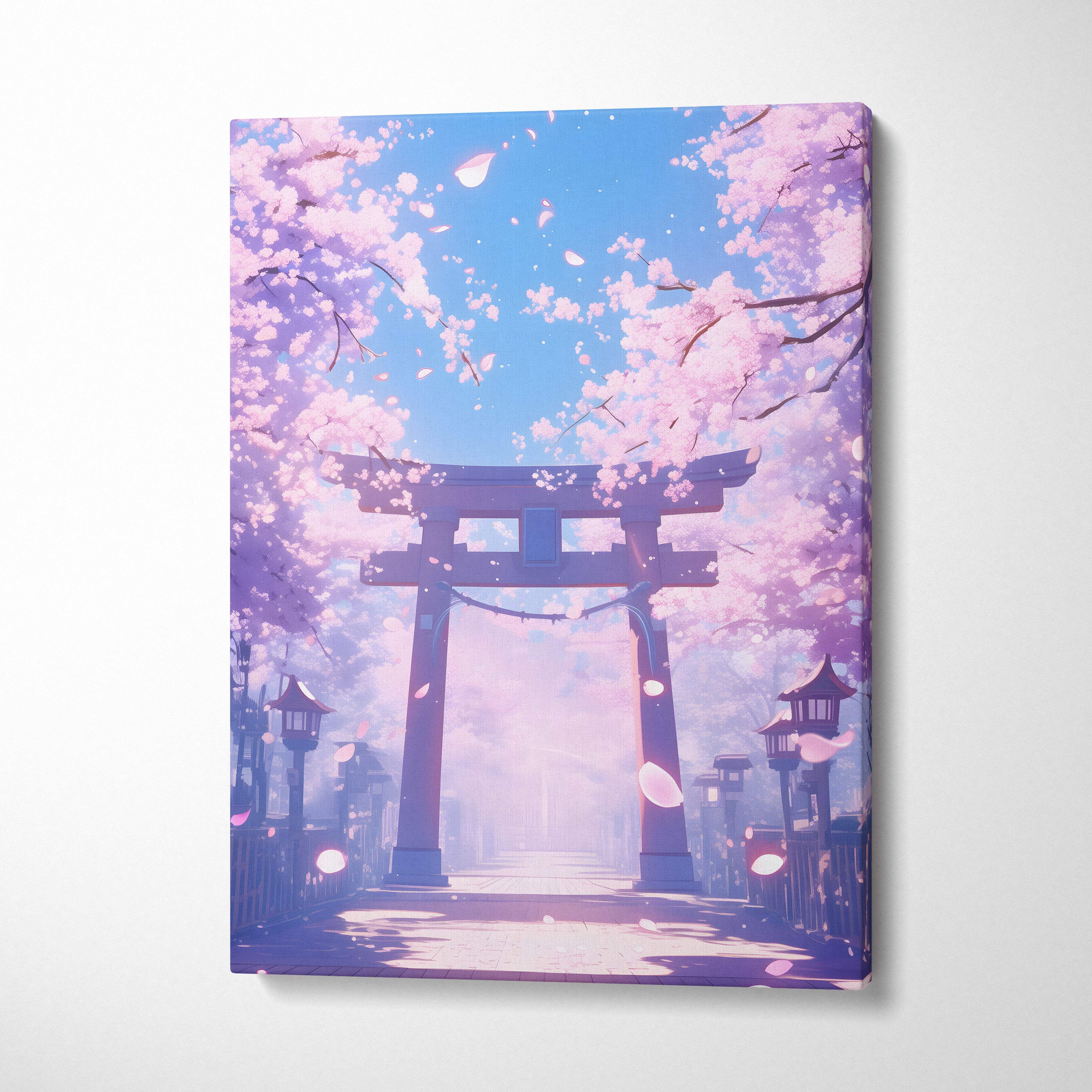 Rectangular canvas wall art of a pink cherry blossom torii gate with falling petals in soft pastel anime style