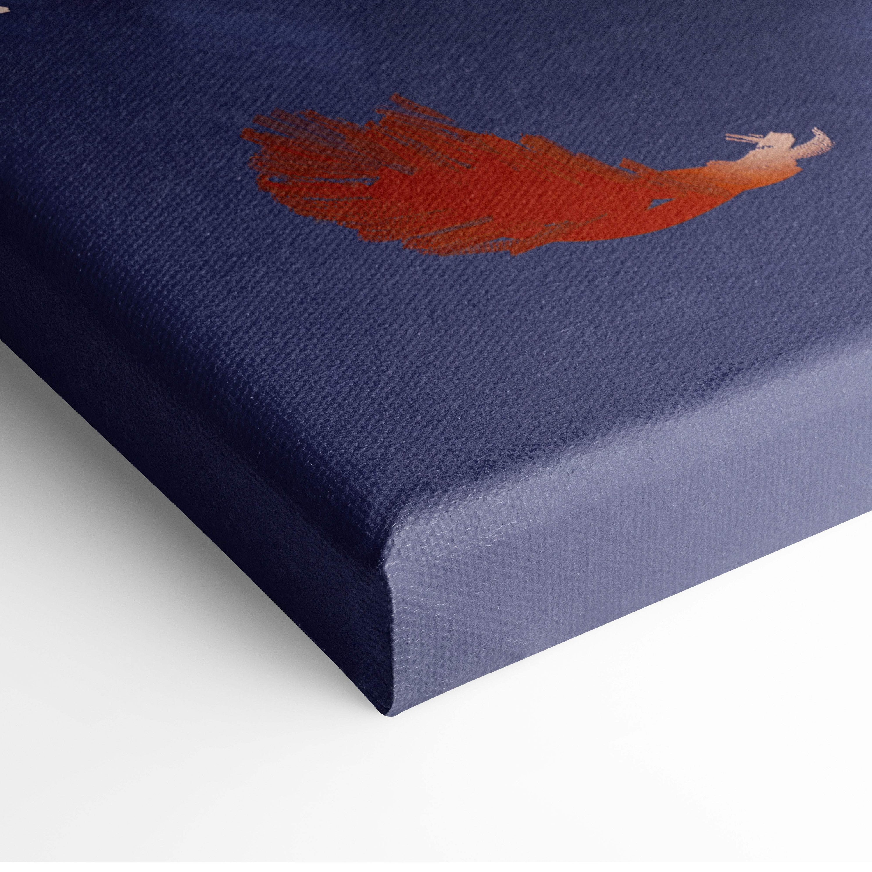 Deep navy canvas print featuring a fiery orange-red feather design in scarlet ascension abstract surreal wall decor