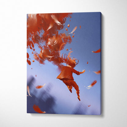 A vibrant canvas print of an abstract surreal figure surrounded by swirling orange feathers against a blue sky
