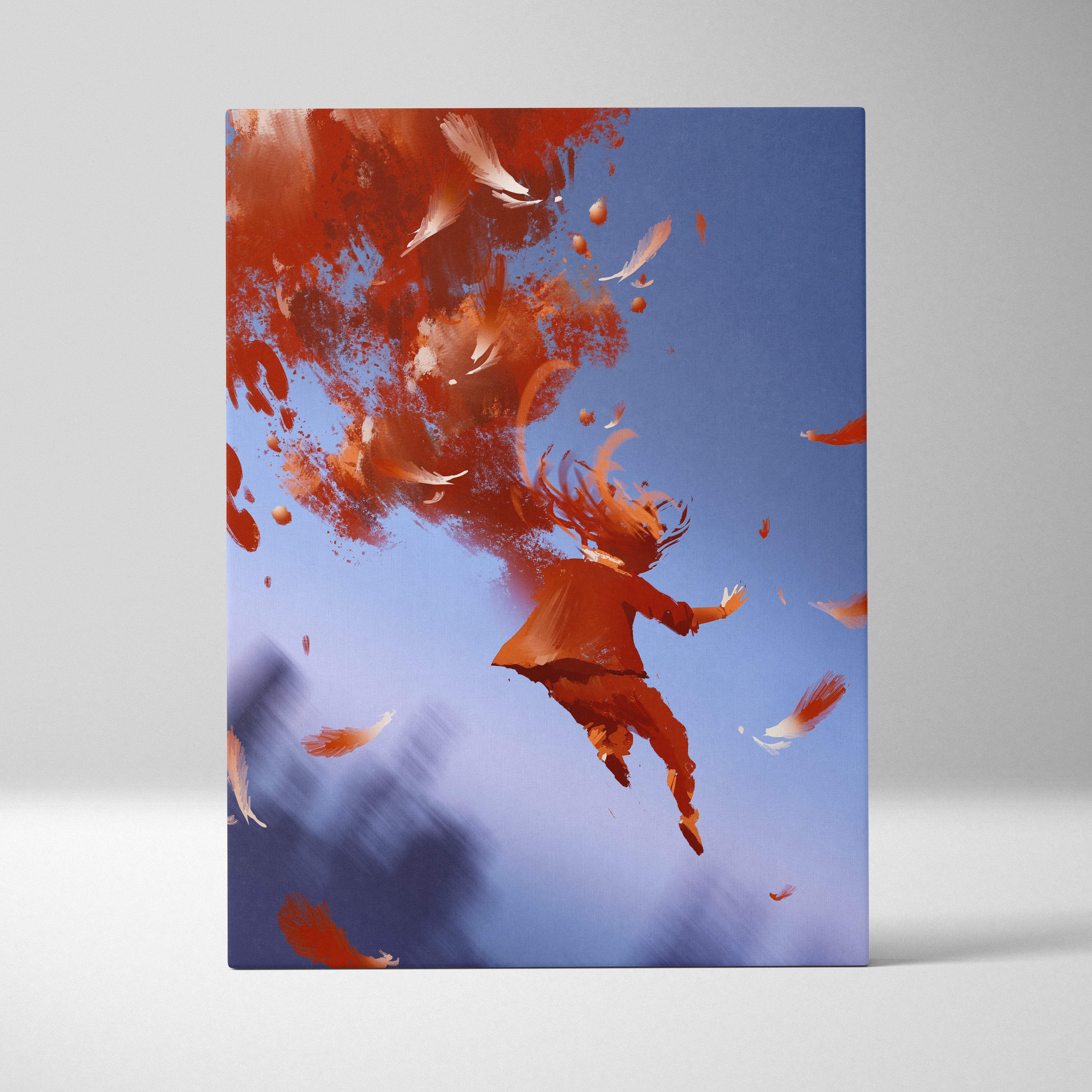 Scarlet Ascension digital canvas art of a red falling figure with swirling orange feathers against a blue sky background