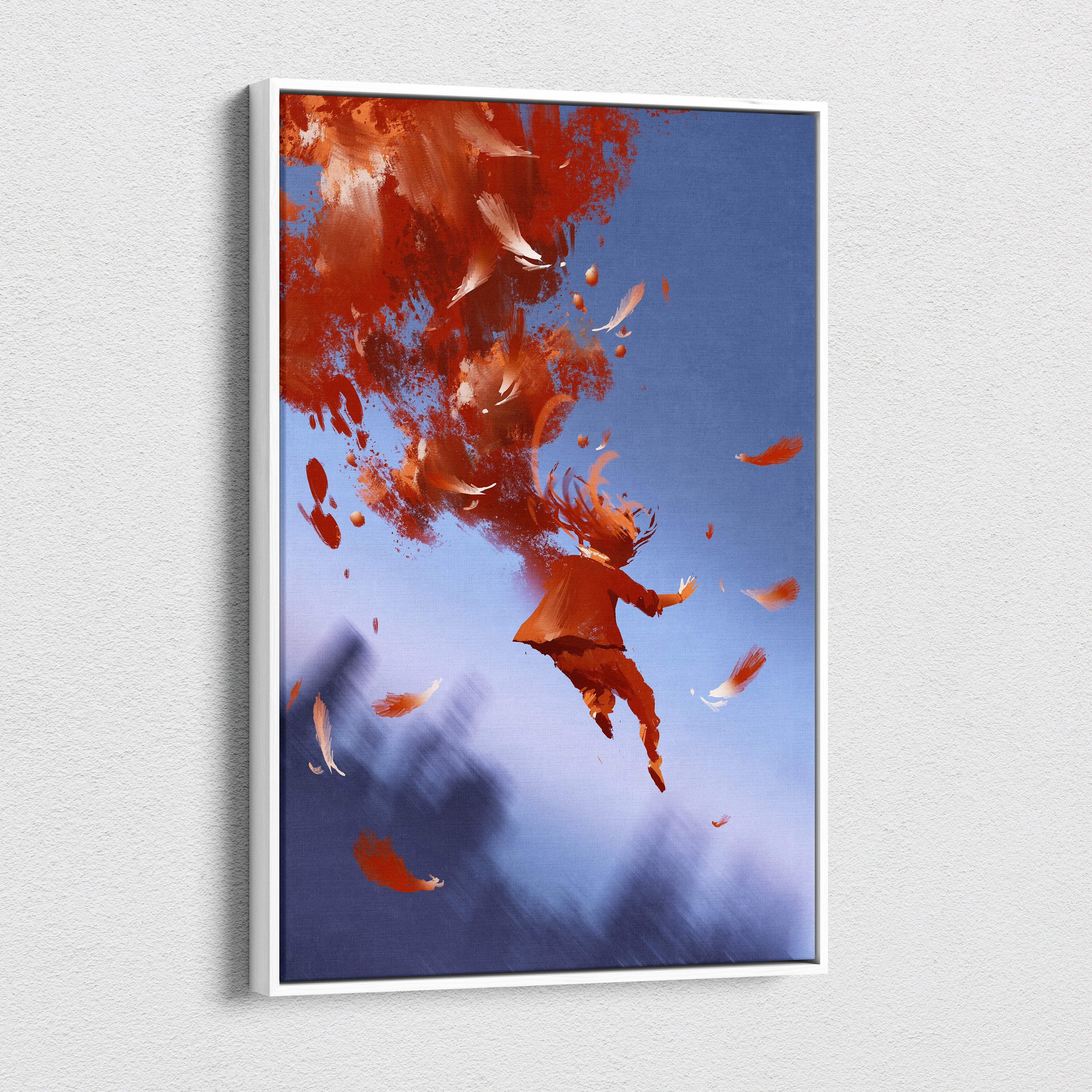 A framed Scarlet Ascension canvas art showing a red figure mid-air with swirling orange feathers against blue sky